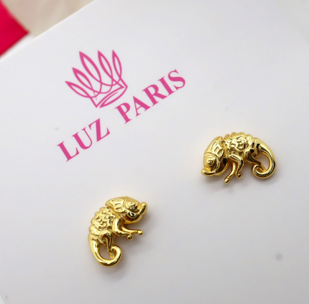Pendientes Plata 925mls baño Oro 18 Kilates Camaleón | animales