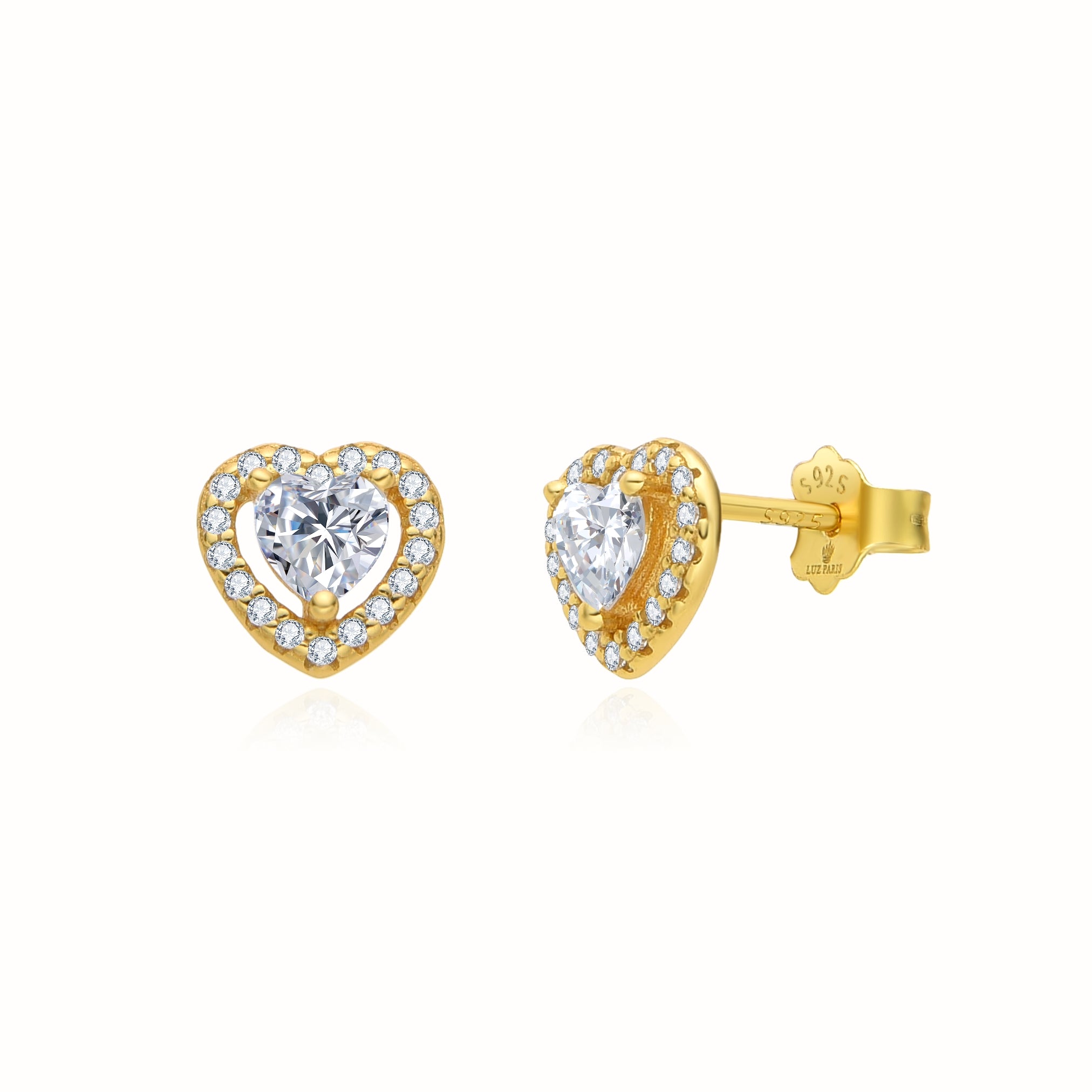Pendientes Plata 925mls baño Oro 18 kilates Corazón Circonitas blancas