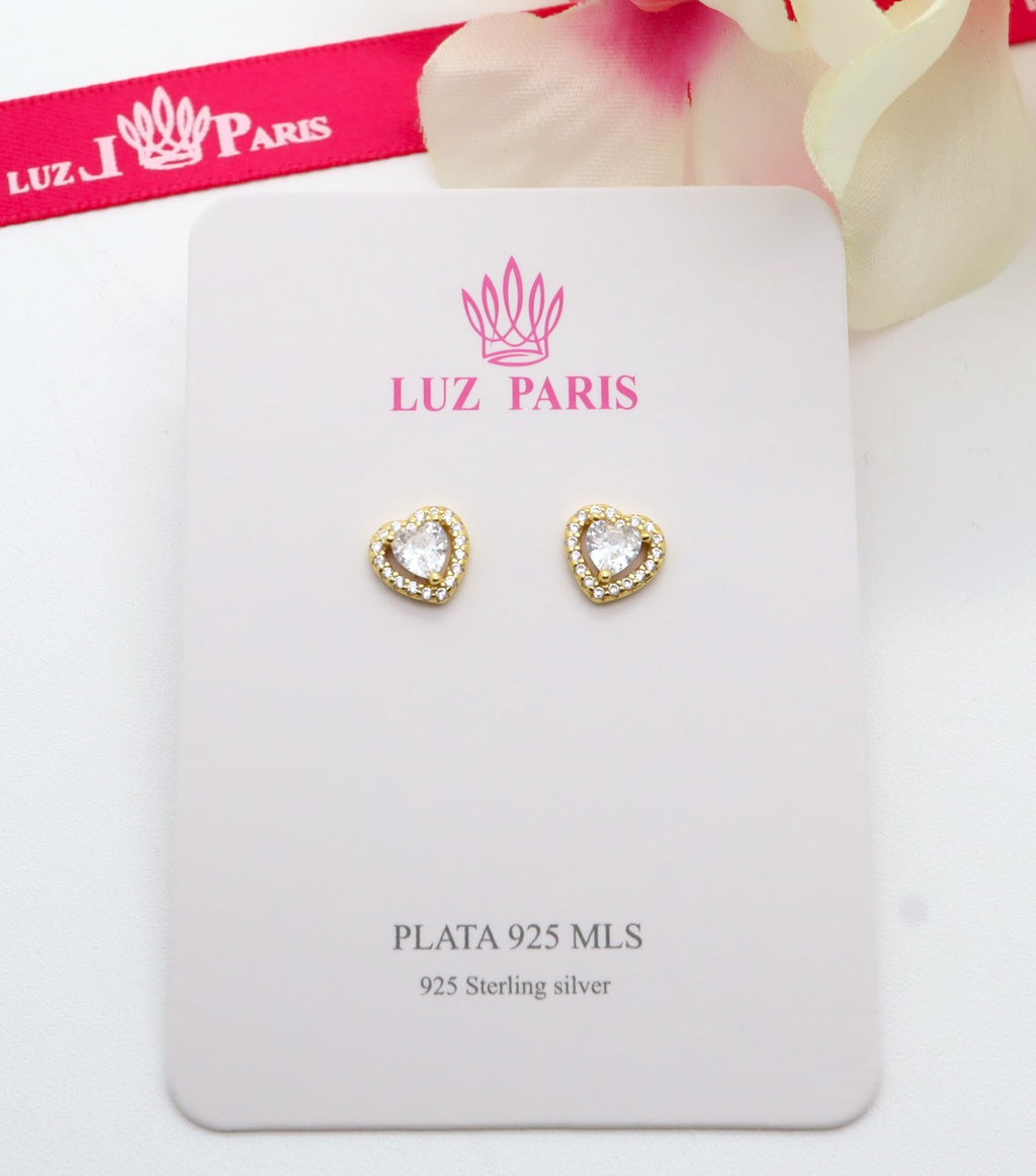 Pendientes Plata 925mls baño Oro 18 kilates Corazón Circonitas blancas