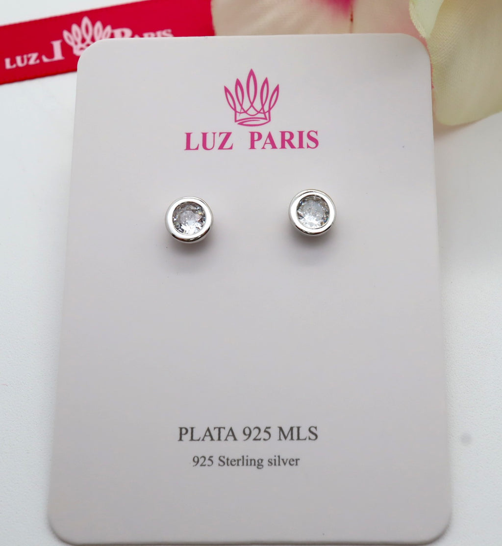 Pendientes Plata 925mls Botón Circonita blanca