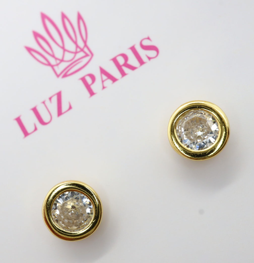 Pendientes Plata 925mls baño oro 18 kilates Botón Circonita blanca