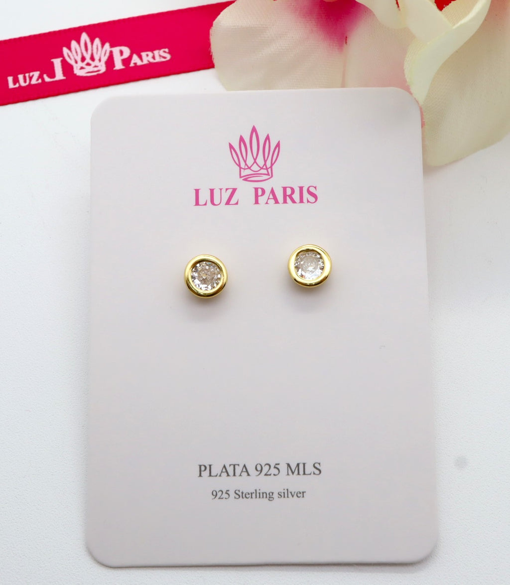 Pendientes Plata 925mls baño oro 18 kilates Botón Circonita blanca