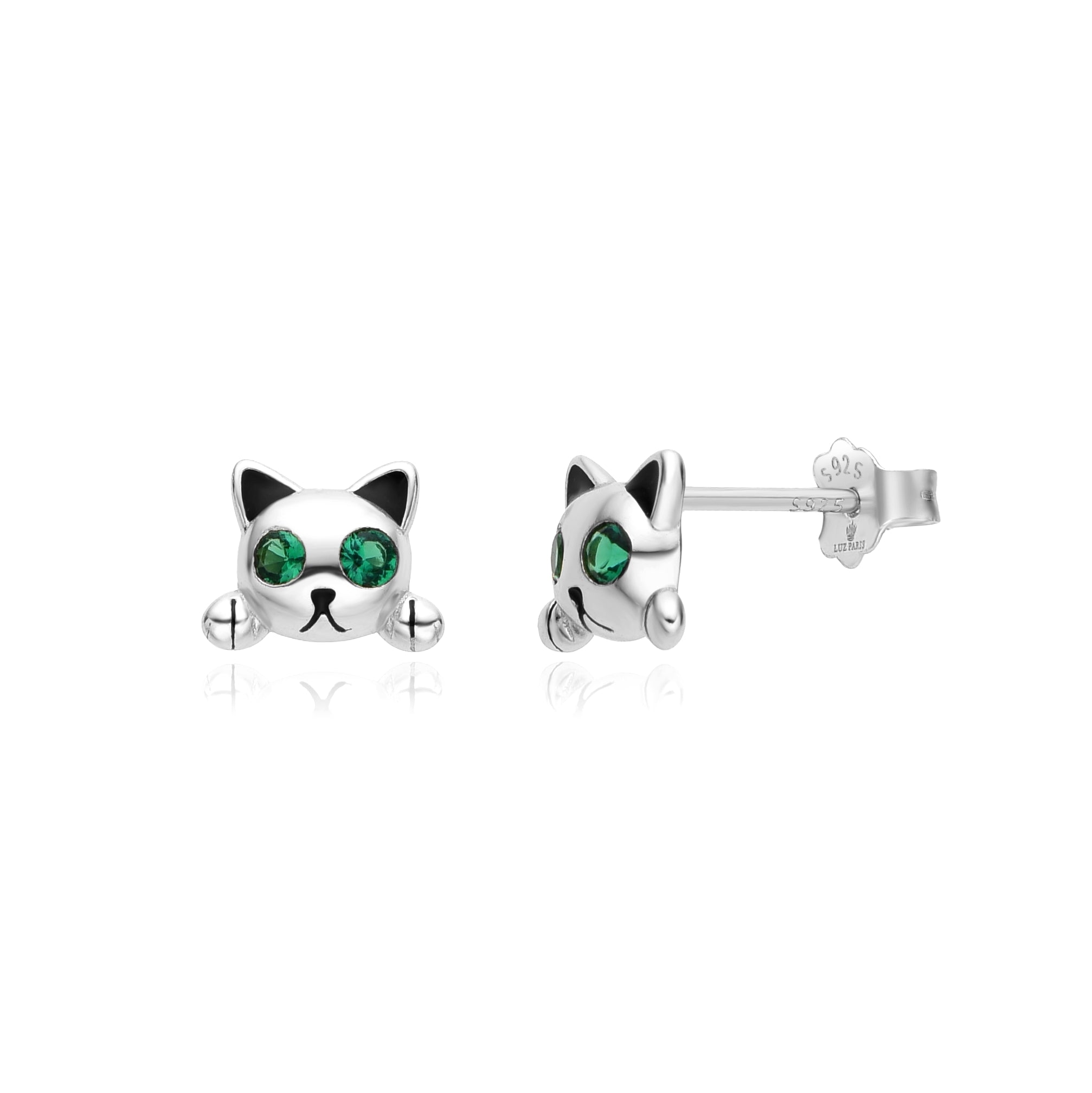 Pendientes Plata 925mls Gato ojos circonitas color verde esmeralda | mascotas