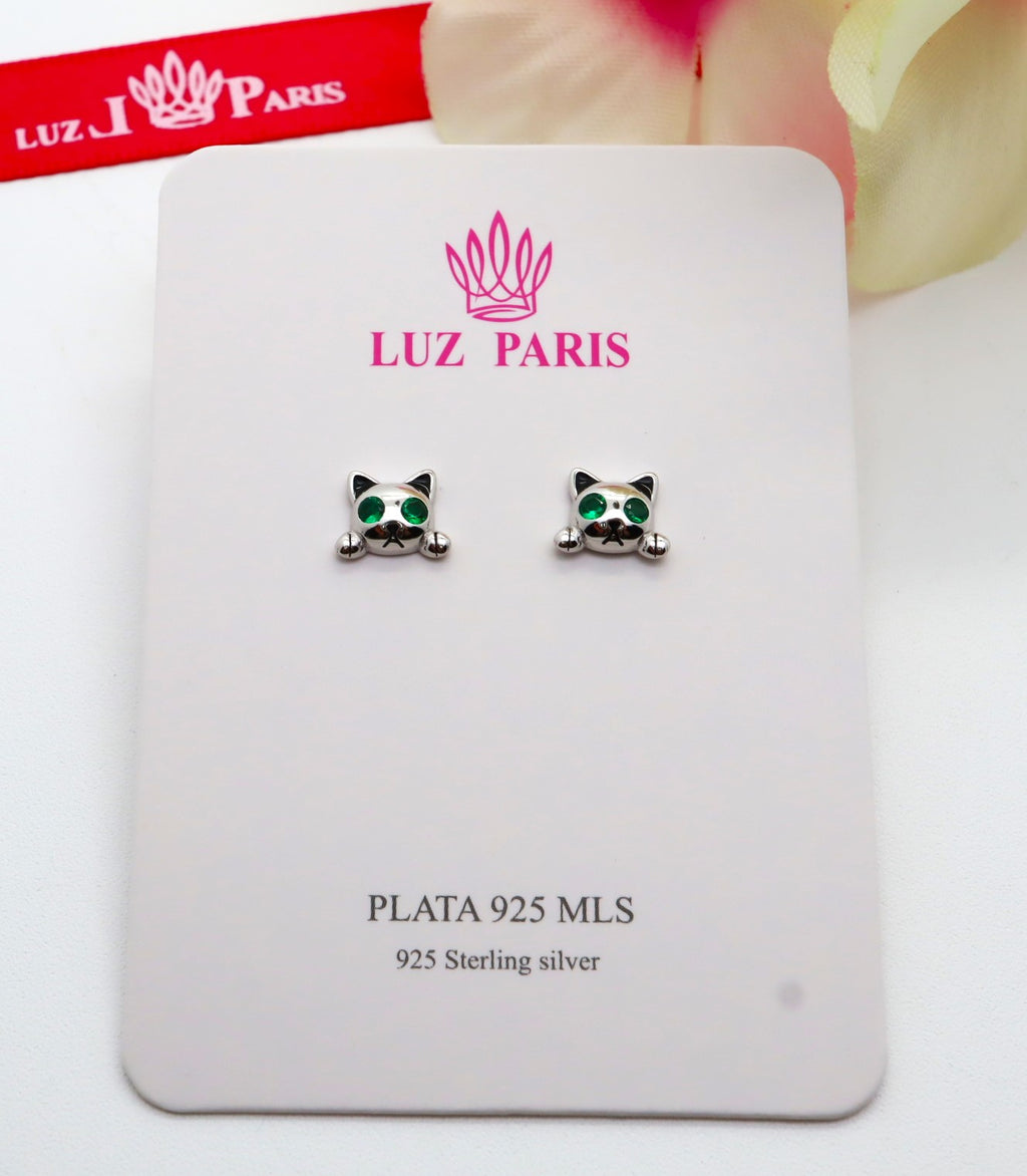 Pendientes Plata 925mls Gato ojos circonitas color verde esmeralda | mascotas