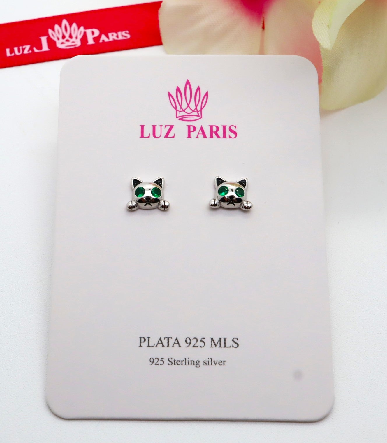Pendientes Plata 925mls Gato ojos circonitas color verde esmeralda | mascotas