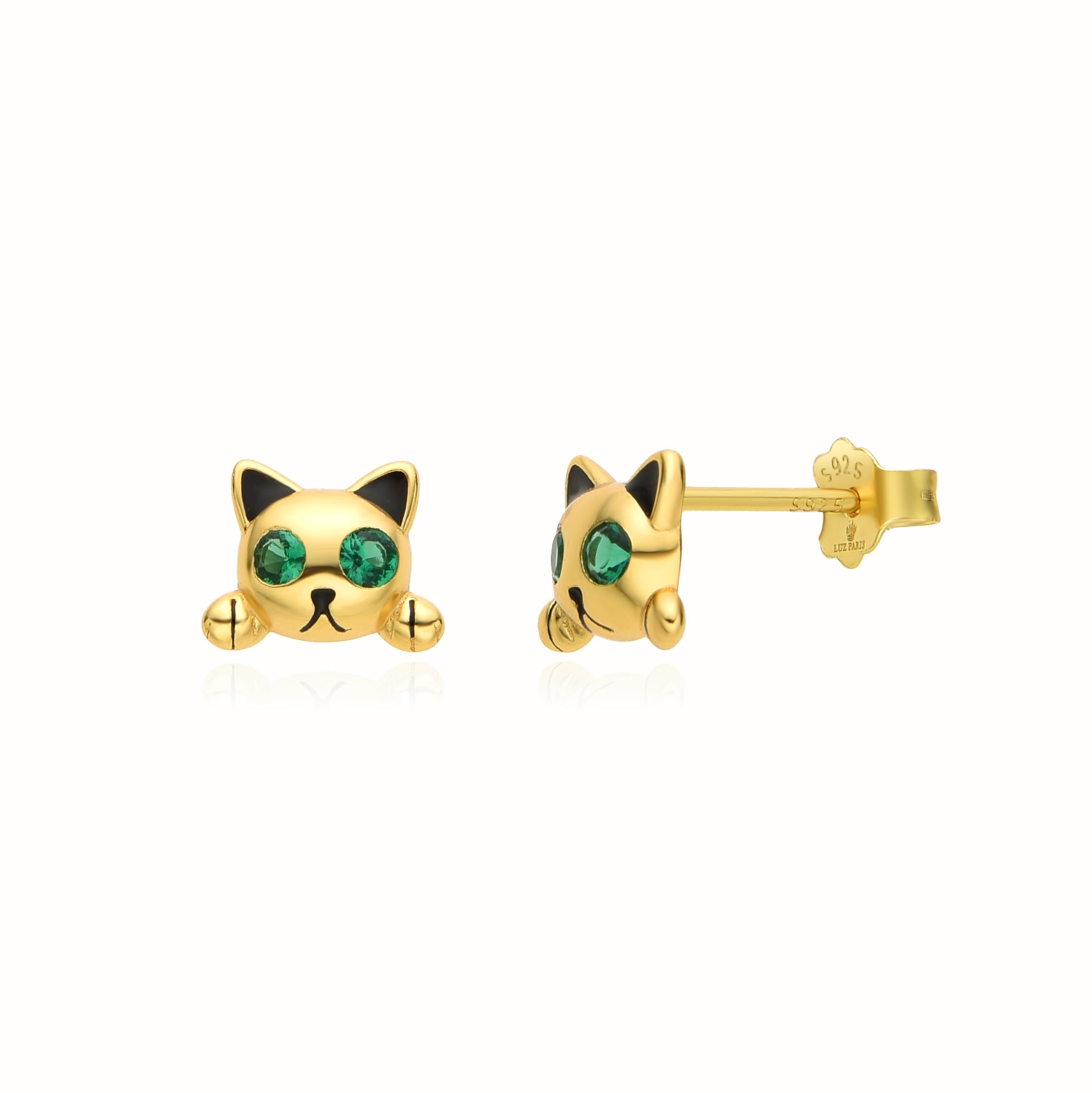 Pendientes Plata 925mls baño oro 18 Kilates Gato ojos circonitas verde esmeralda | Mascotas