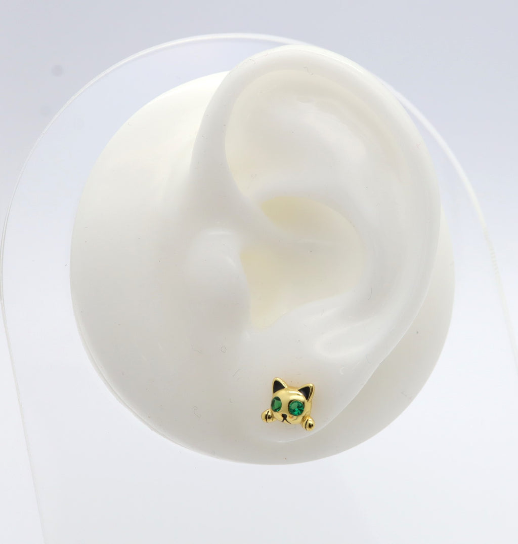 Pendientes Plata 925mls baño oro 18 Kilates Gato ojos circonitas verde esmeralda | Mascotas