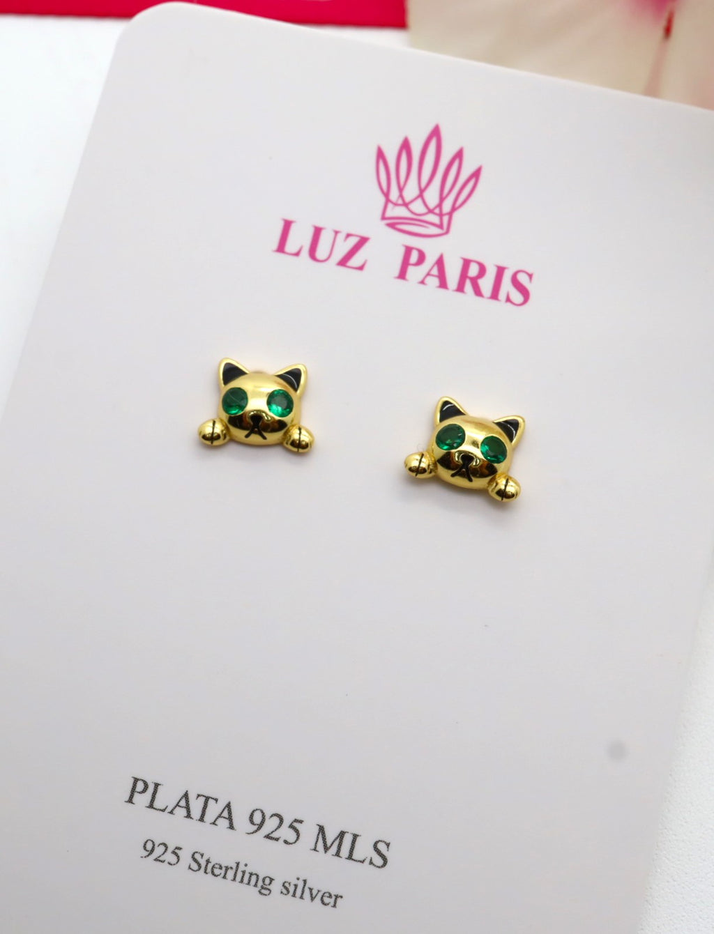 Pendientes Plata 925mls baño oro 18 Kilates Gato ojos circonitas verde esmeralda | Mascotas