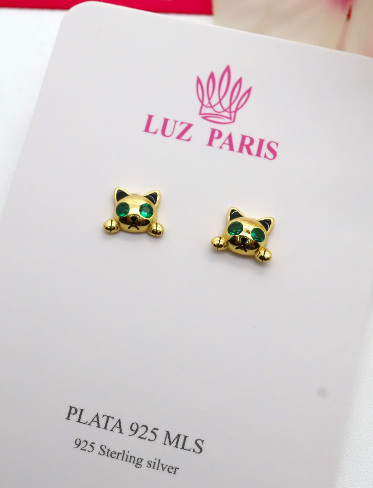 Pendientes Plata 925mls baño oro 18 Kilates Gato ojos circonitas verde esmeralda | Mascotas