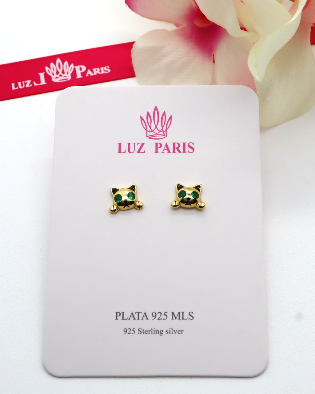 Pendientes Plata 925mls baño oro 18 Kilates Gato ojos circonitas verde esmeralda | Mascotas