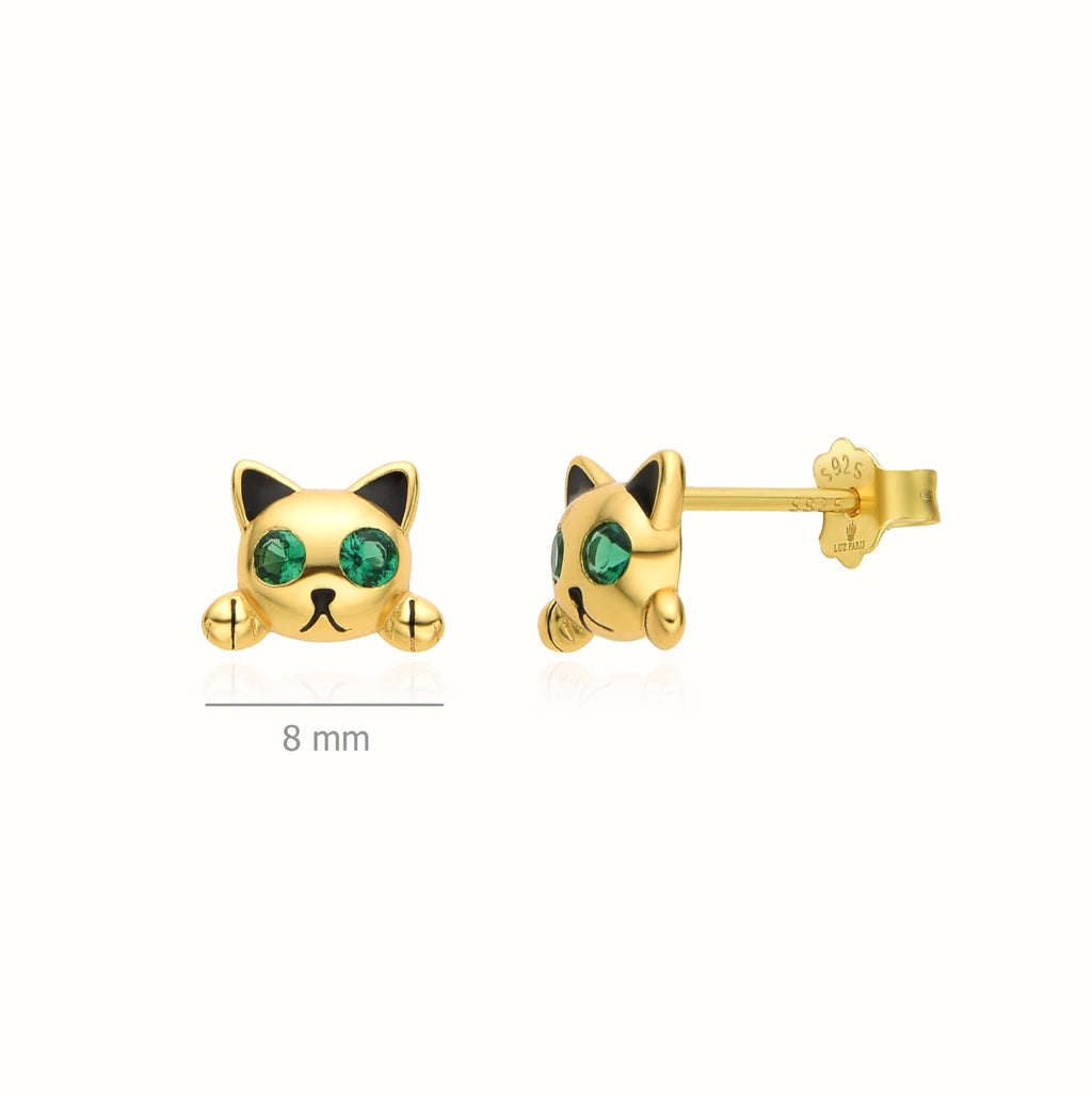 Pendientes Plata 925mls baño oro 18 Kilates Gato ojos circonitas verde esmeralda | Mascotas