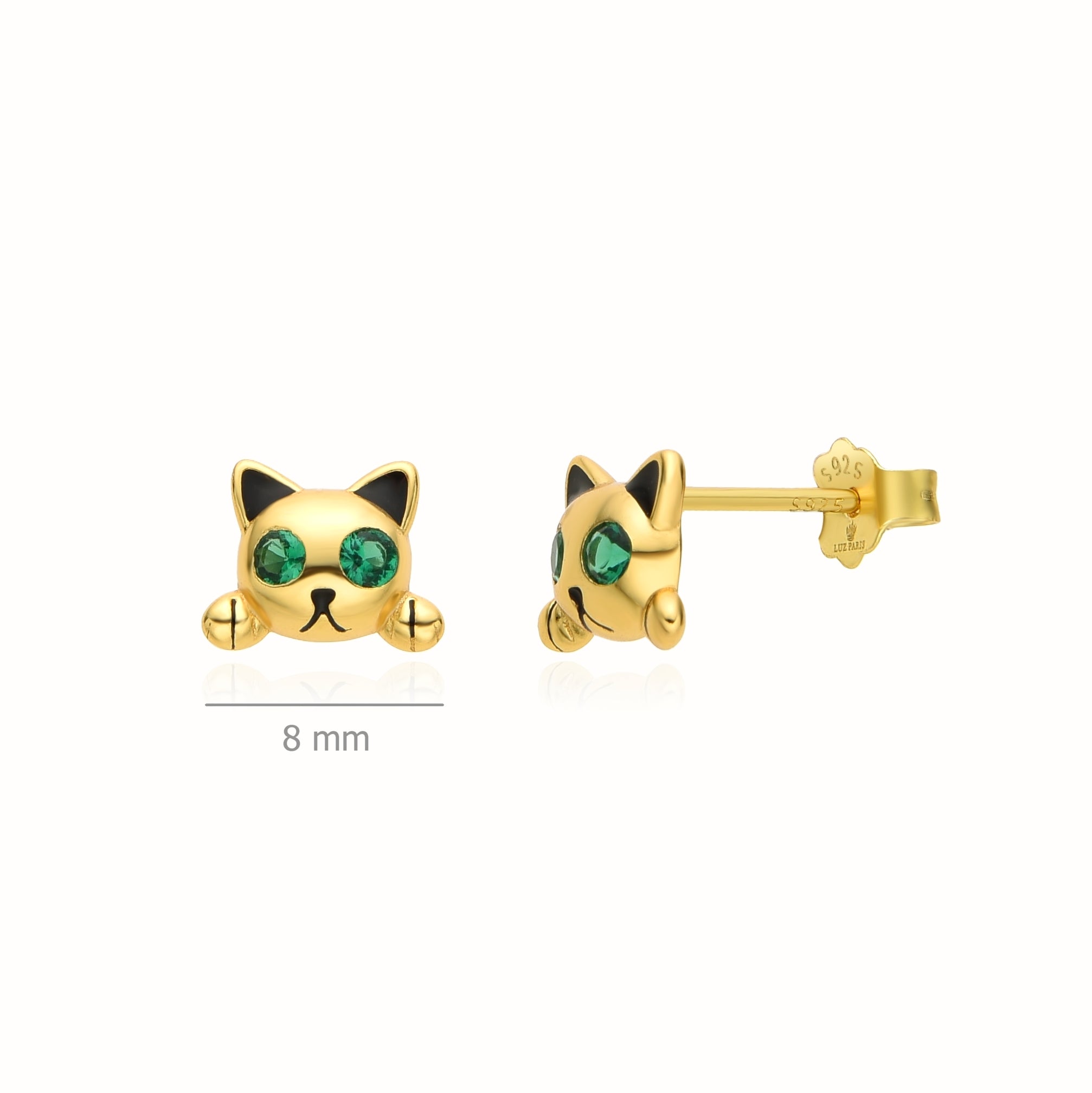Pendientes Plata 925mls baño oro 18 Kilates Gato ojos circonitas verde esmeralda | Mascotas