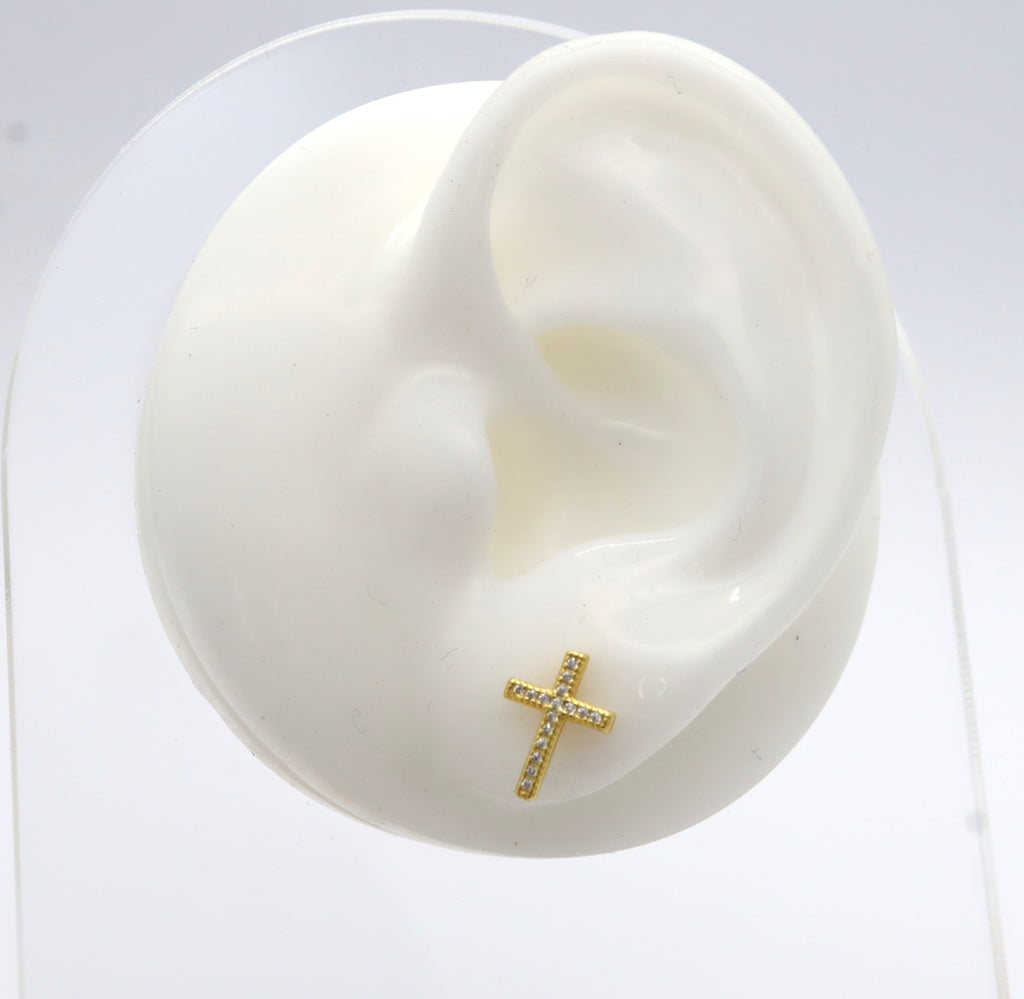 Pendientes Plata 925mls baño Oro 18 Kilates Cruz Circonitas blancas