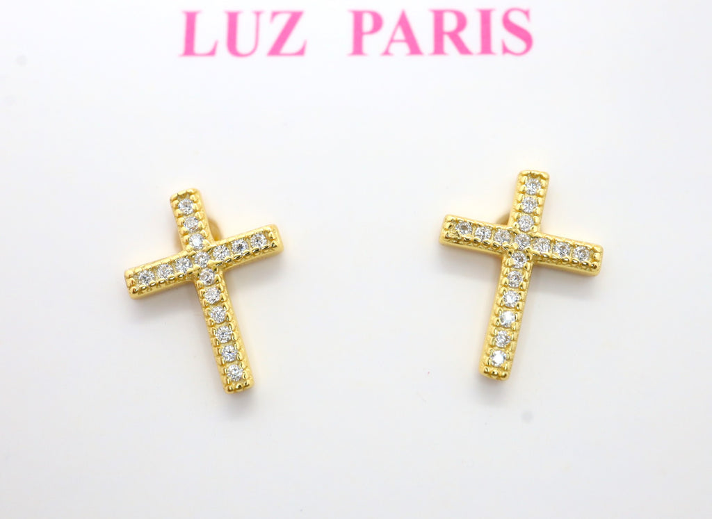 Pendientes Plata 925mls baño Oro 18 Kilates Cruz Circonitas blancas