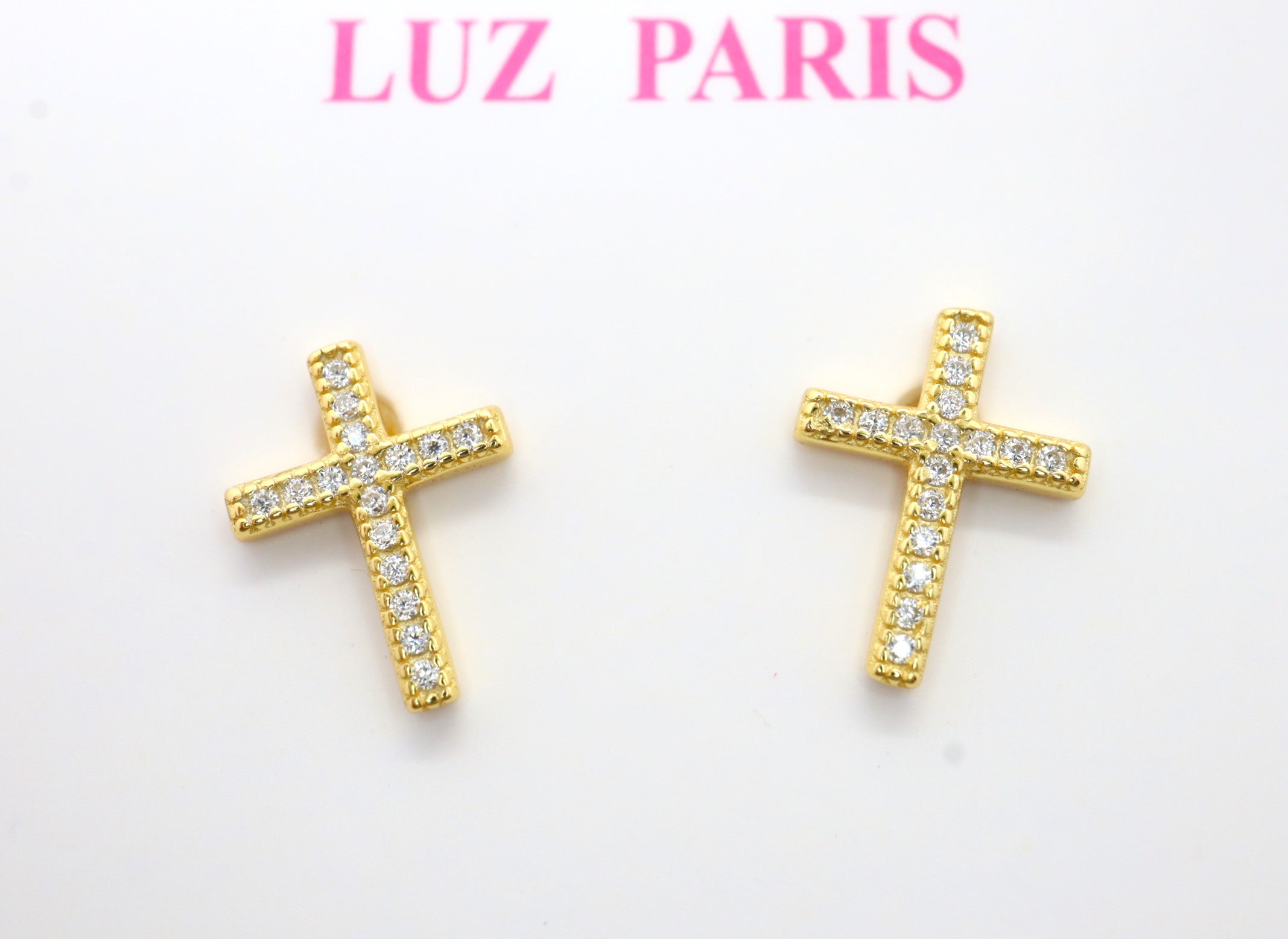 Pendientes Plata 925mls baño Oro 18 Kilates Cruz Circonitas blancas