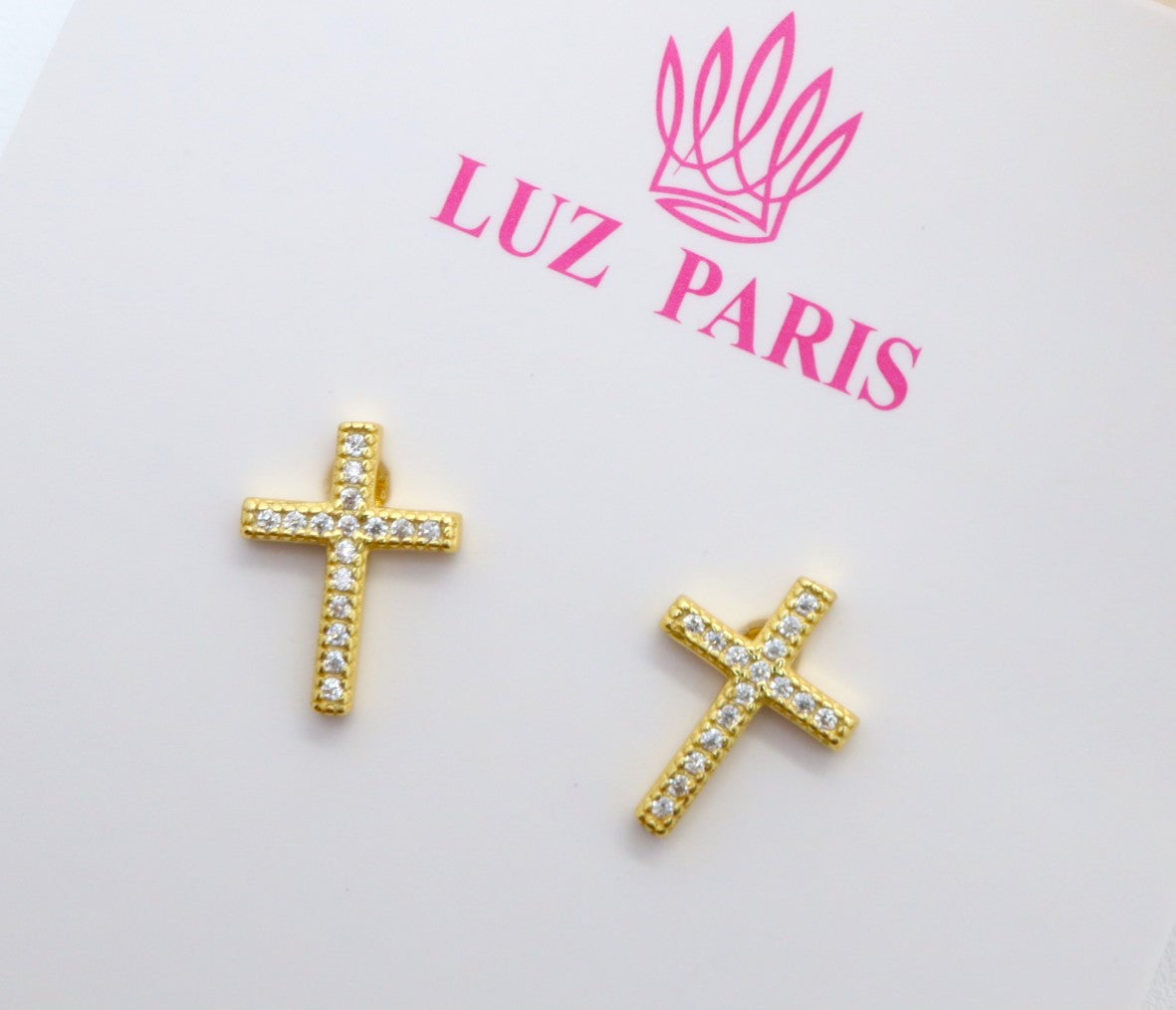 Pendientes Plata 925mls baño Oro 18 Kilates Cruz Circonitas blancas