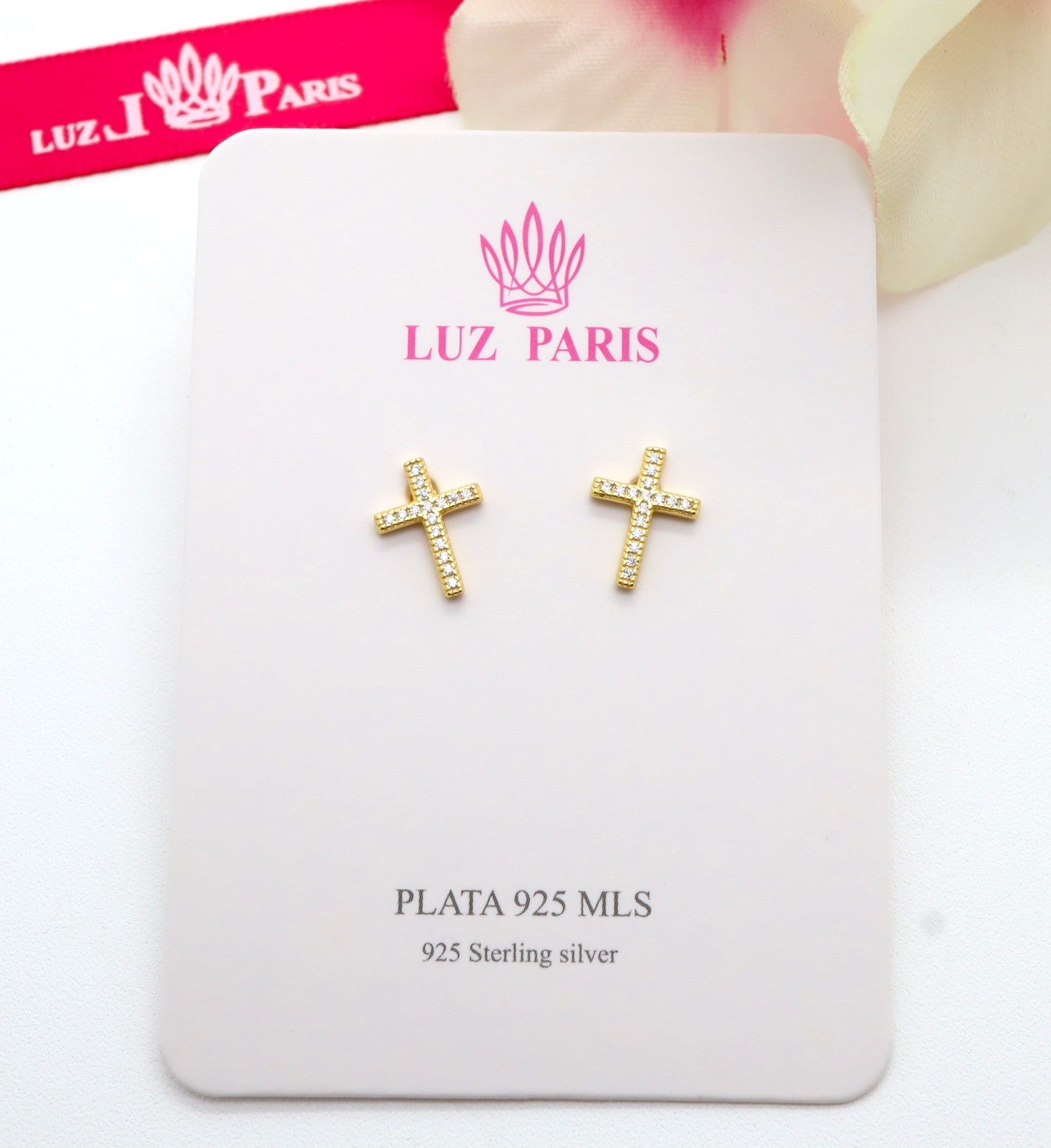 Pendientes Plata 925mls baño Oro 18 Kilates Cruz Circonitas blancas