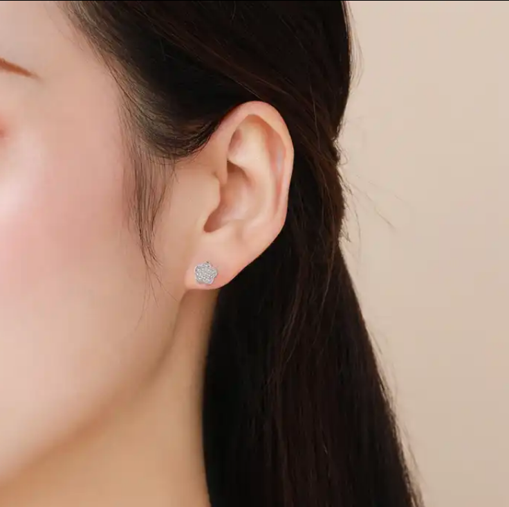 Pendientes Plata 925mls Botón Flor Circonitas blancas