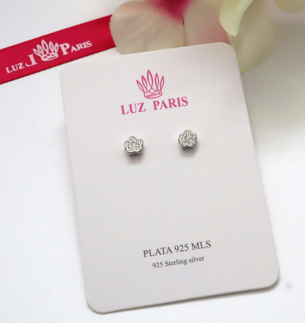 Pendientes Plata 925mls Botón Flor Circonitas blancas