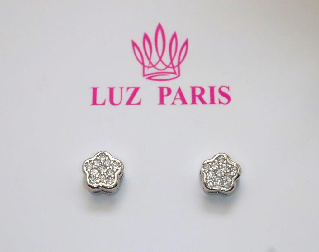 Pendientes Plata 925mls Botón Flor Circonitas blancas