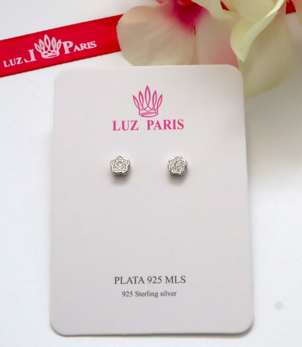 Pendientes Plata 925mls Botón Flor Circonitas blancas