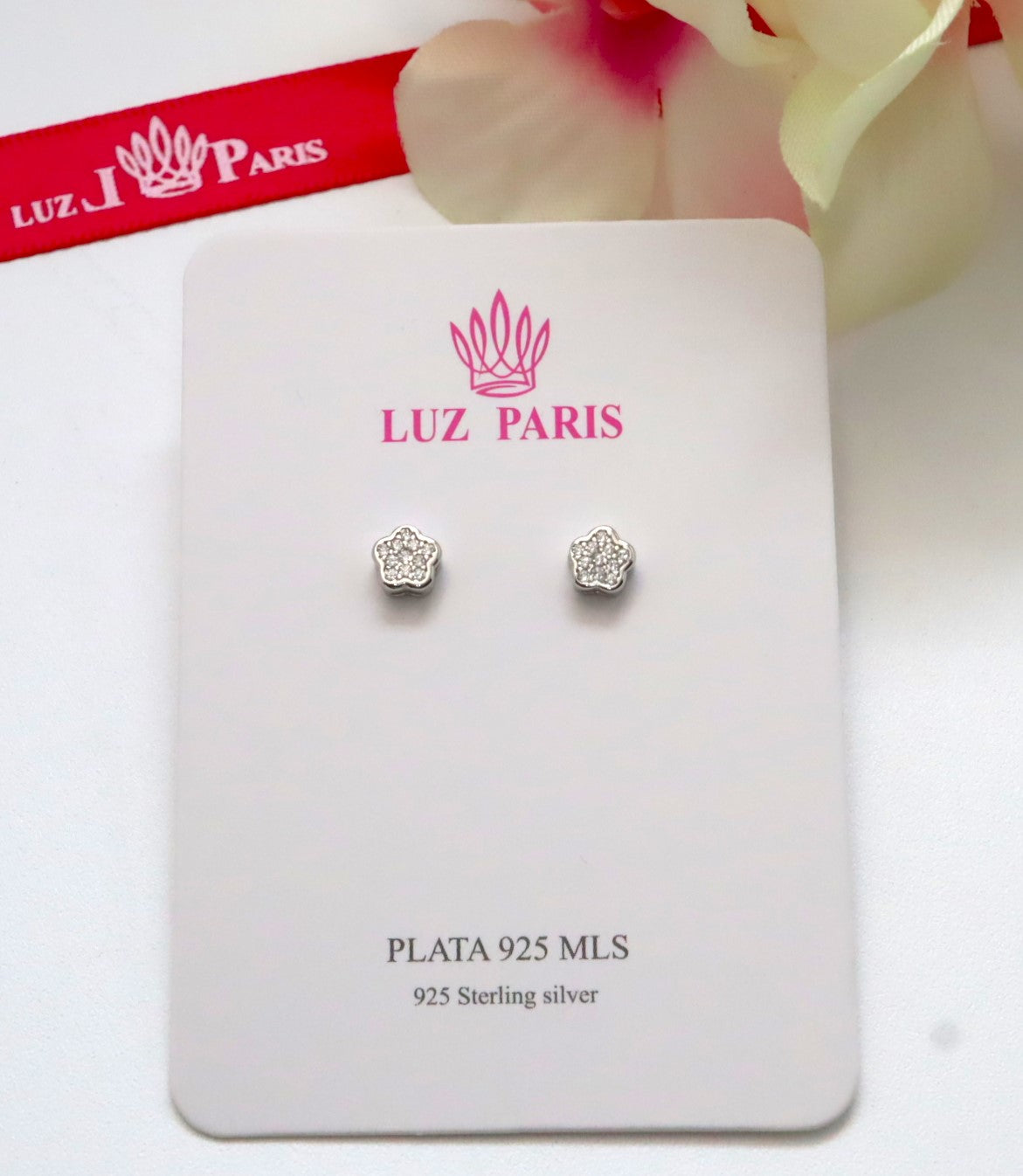 Pendientes Plata 925mls Botón Flor Circonitas blancas