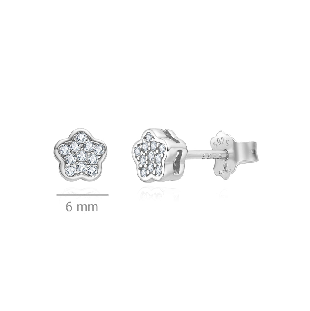 Pendientes Plata 925mls Botón Flor Circonitas blancas