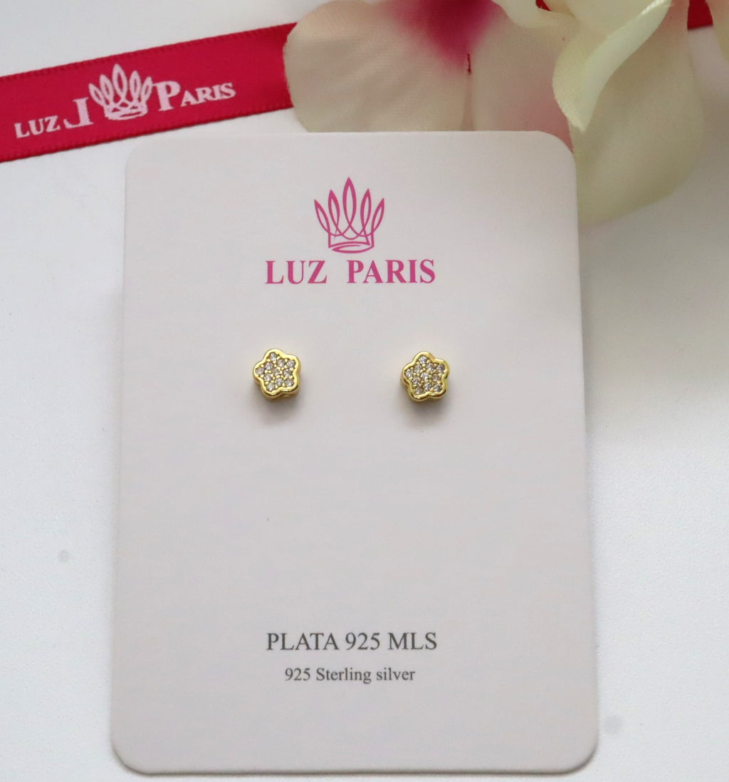 Pendientes Plata 925mls baño Oro 18 Kilates Botón Flor Circonitas blancas