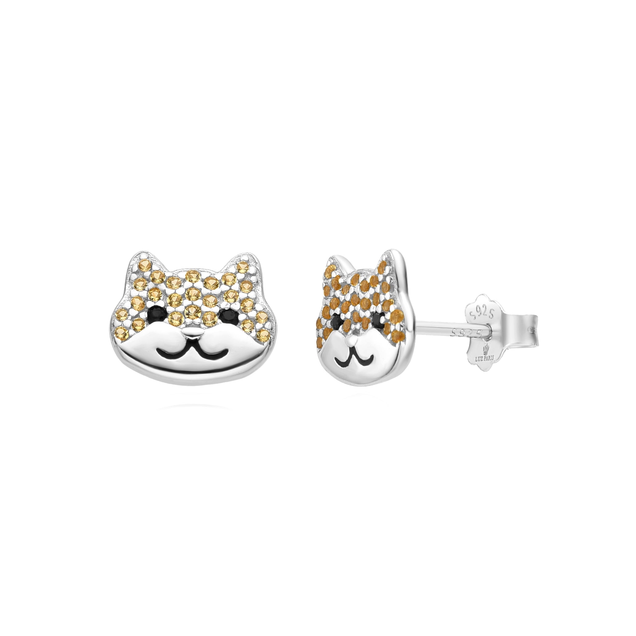 Pendientes Plata 925mls Gato Circonitas negro azabache y doradas | mascotas