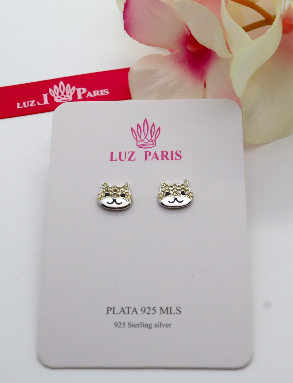 Pendientes Plata 925mls Gato Circonitas negro azabache y doradas | mascotas