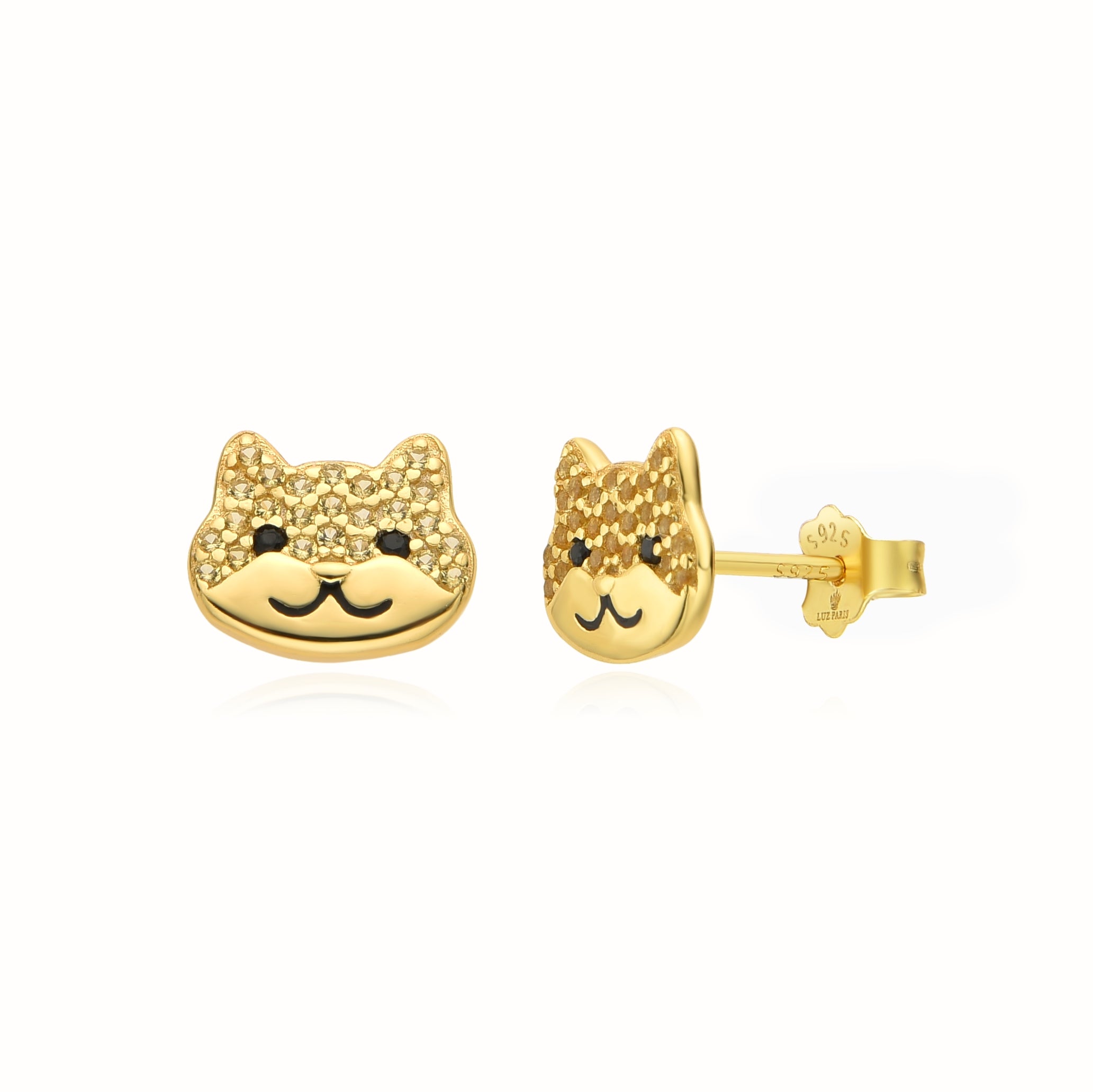 Pendientes Plata 925mls baño Oro 18 Kilates Gato Circonitas negro azabache y doradas | mascotas