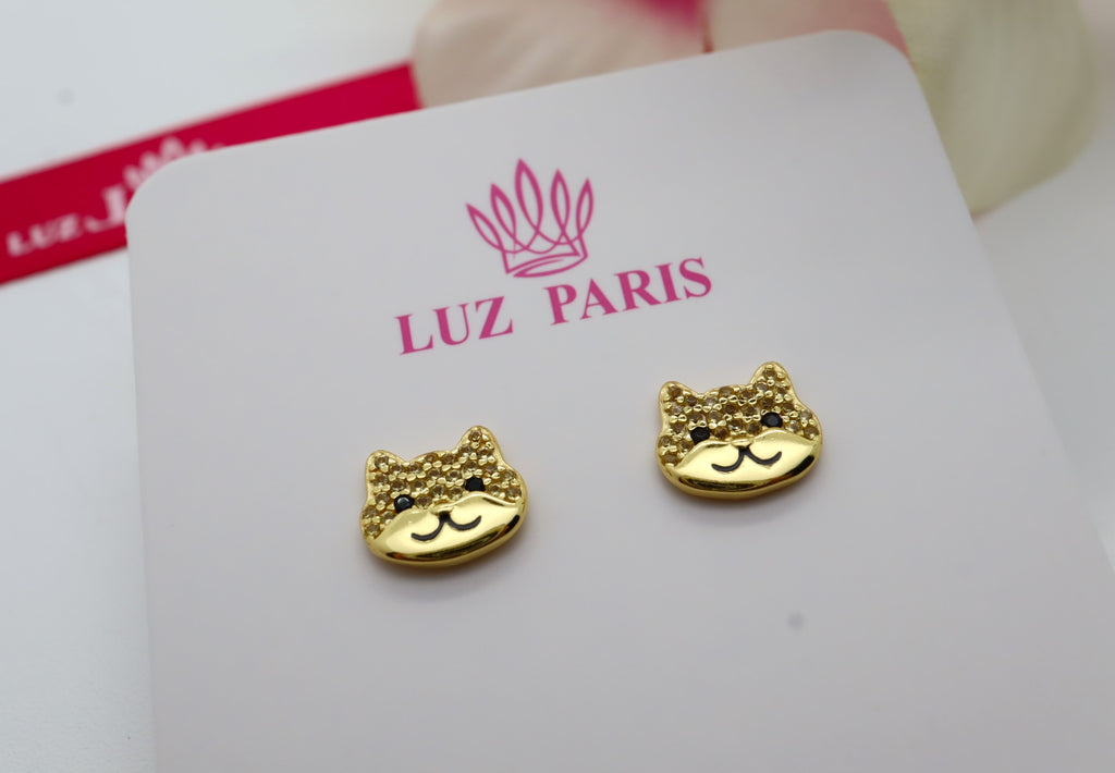 Pendientes Plata 925mls baño Oro 18 Kilates Gato Circonitas negro azabache y doradas | mascotas