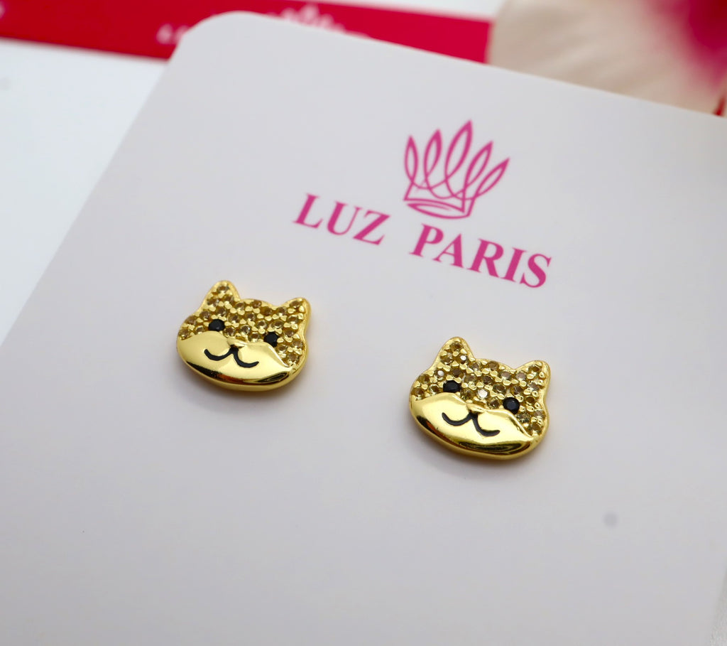 Pendientes Plata 925mls baño Oro 18 Kilates Gato Circonitas negro azabache y doradas | mascotas