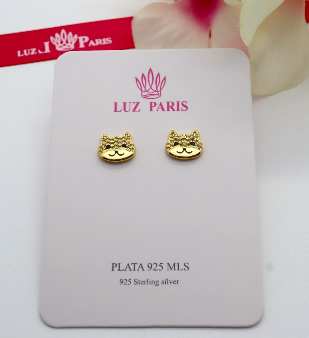 Pendientes Plata 925mls baño Oro 18 Kilates Gato Circonitas negro azabache y doradas | mascotas