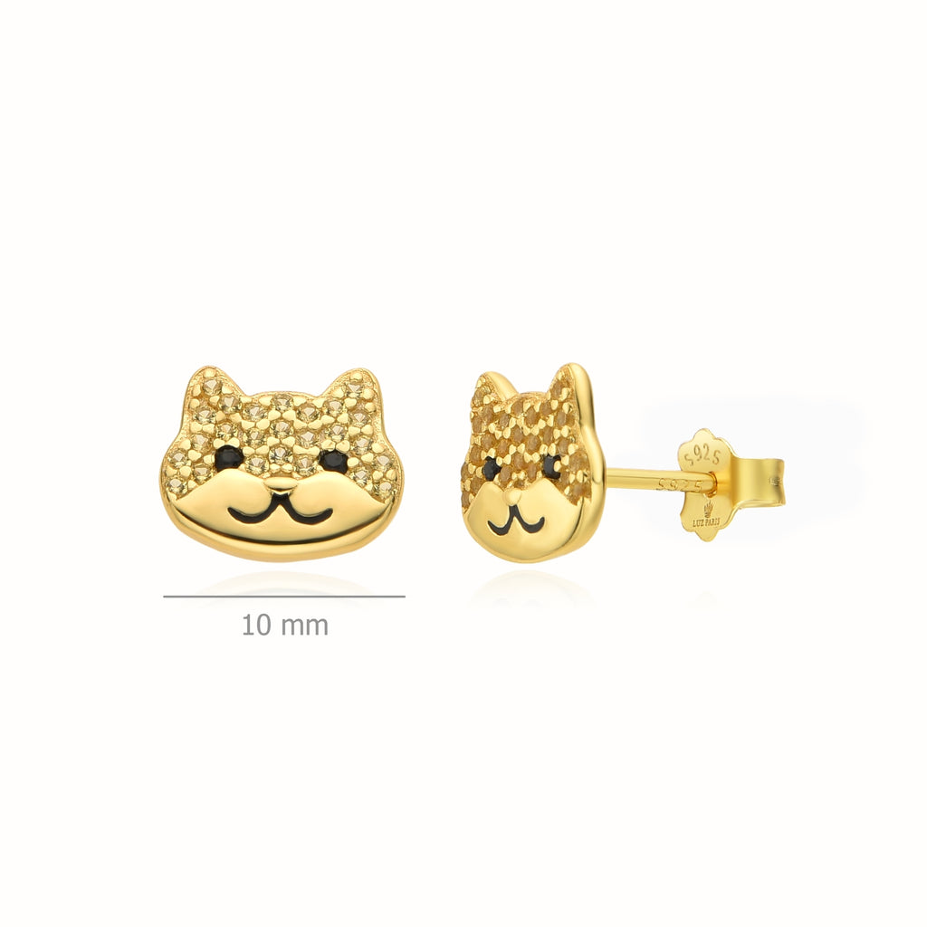 Pendientes Plata 925mls baño Oro 18 Kilates Gato Circonitas negro azabache y doradas | mascotas