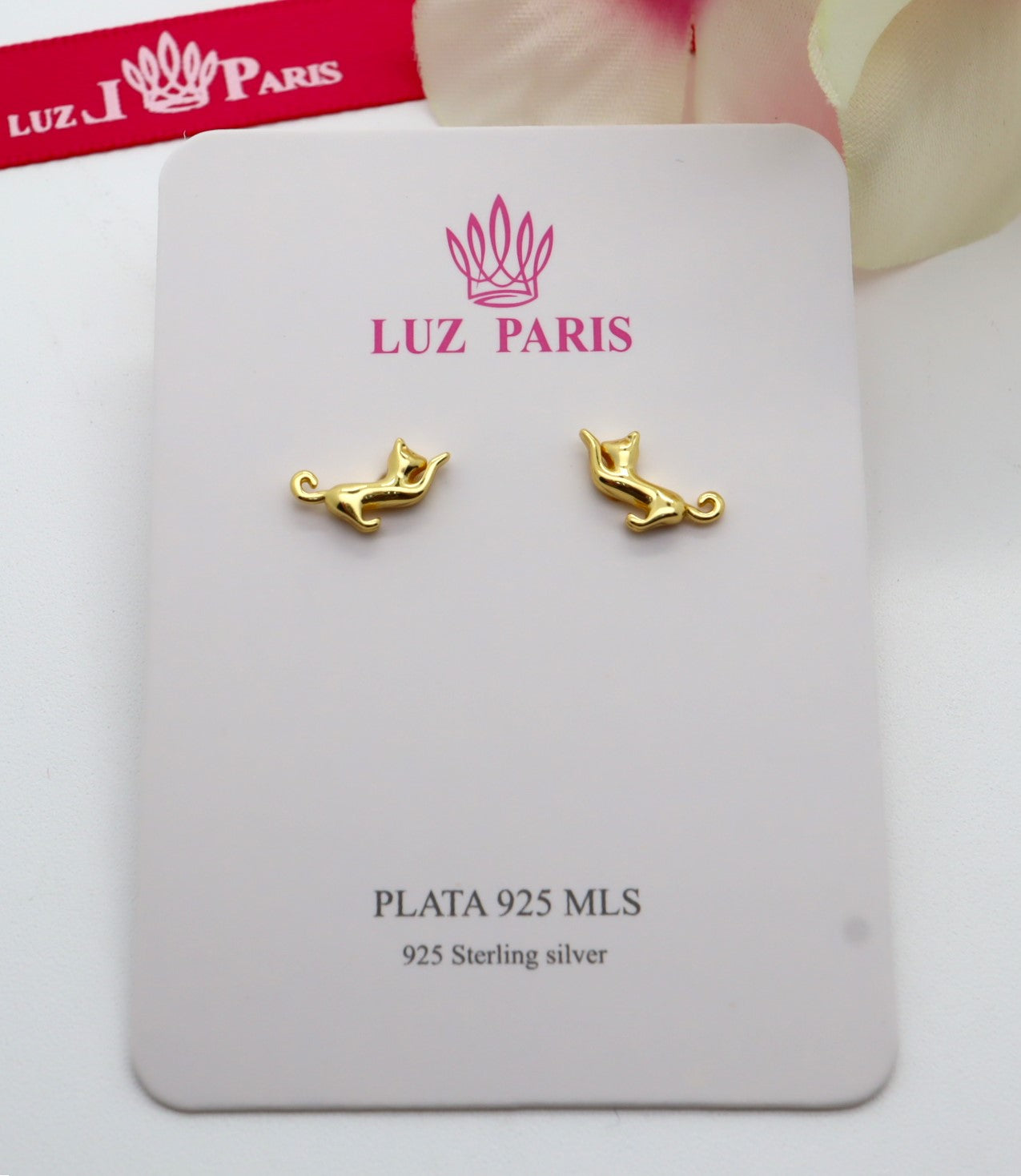 Pendientes Plata 925mls baño Oro 18 Kilates Gato