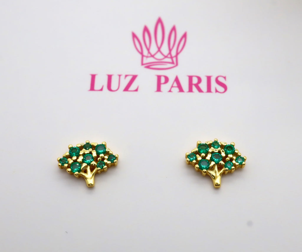 Pendientes Plata 925mls baño Oro 18 Kilates forma Árbol circonitas verde esmeralda
