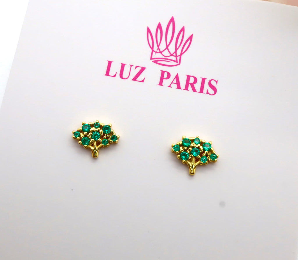 Pendientes Plata 925mls baño Oro 18 Kilates forma Árbol circonitas verde esmeralda