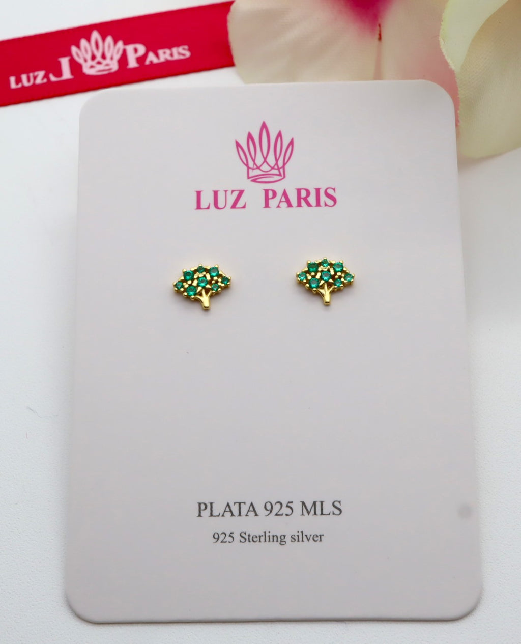 Pendientes Plata 925mls baño Oro 18 Kilates forma Árbol circonitas verde esmeralda