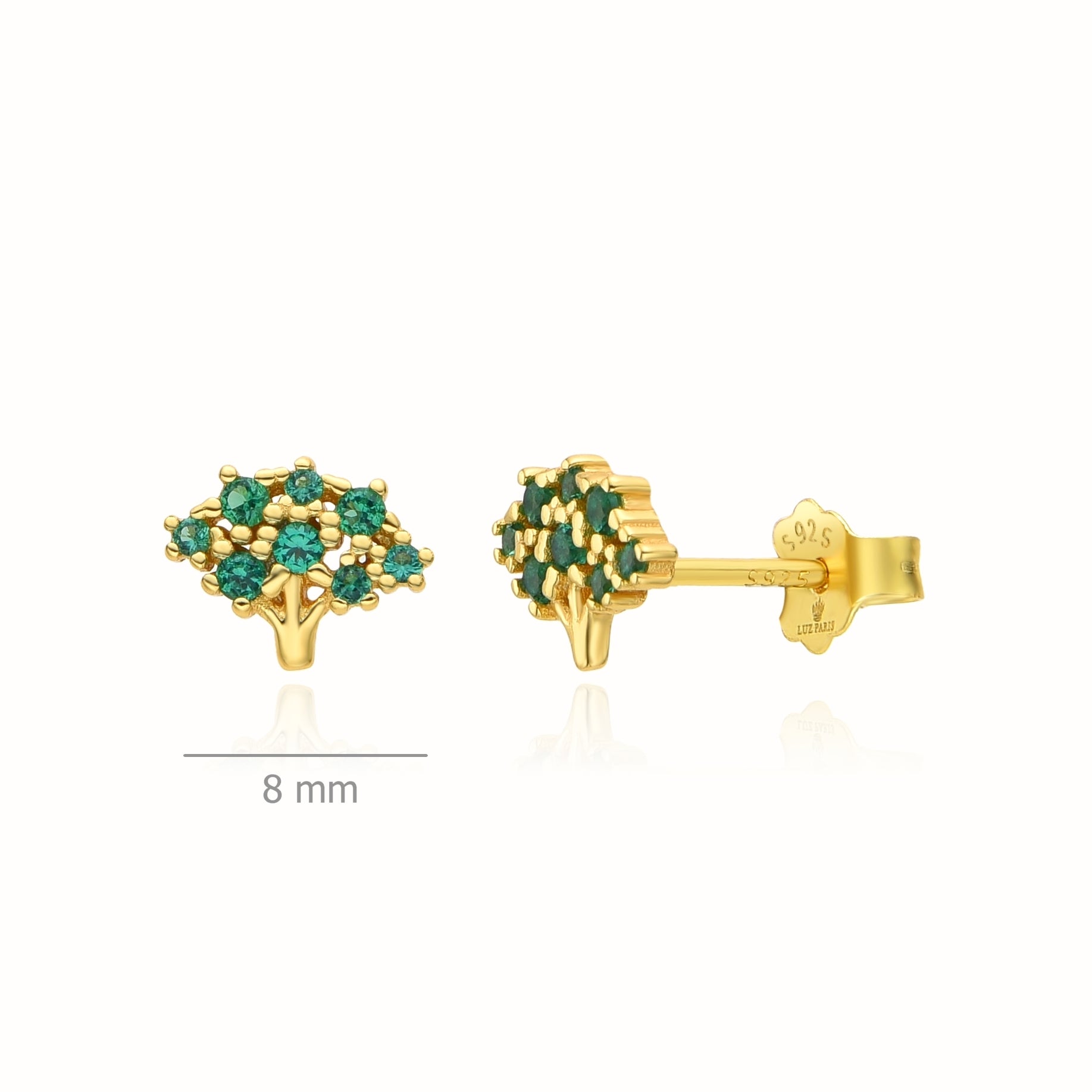 Pendientes Plata 925mls baño Oro 18 Kilates forma Árbol circonitas verde esmeralda