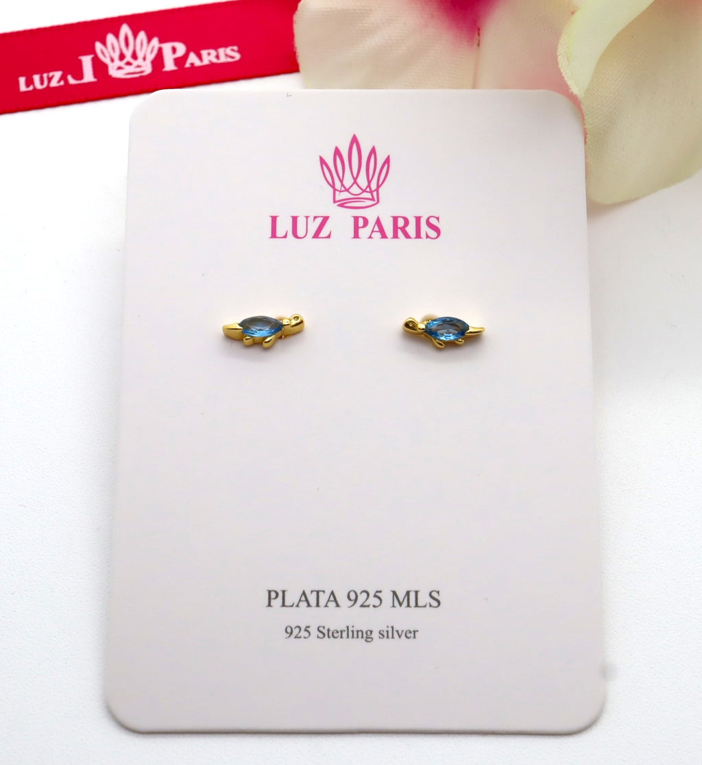 Pendientes Plata 925mls baño Oro 18 Kilates Tortuga circonitas azul | animales