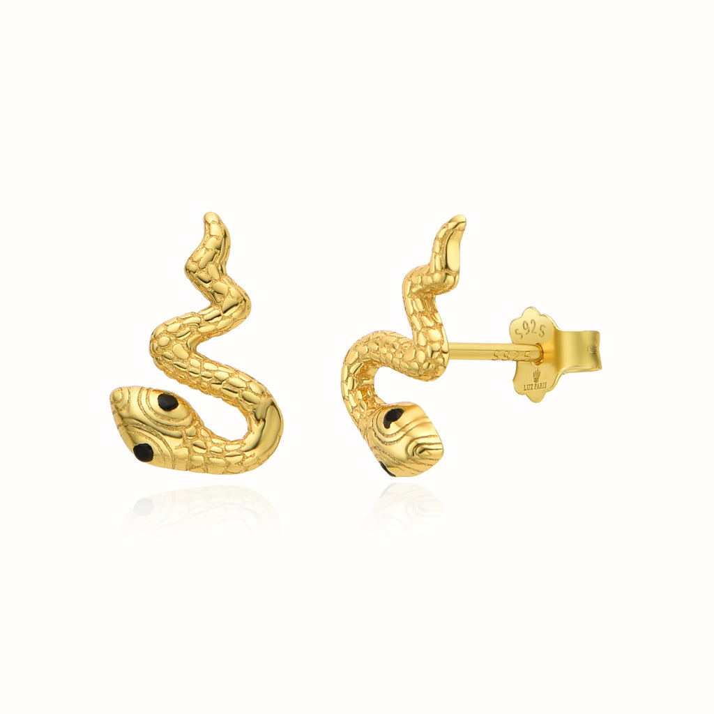 Pendientes Plata 925mls baño Oro 18 Kilates Serpiente circonitas negro azabache | animales
