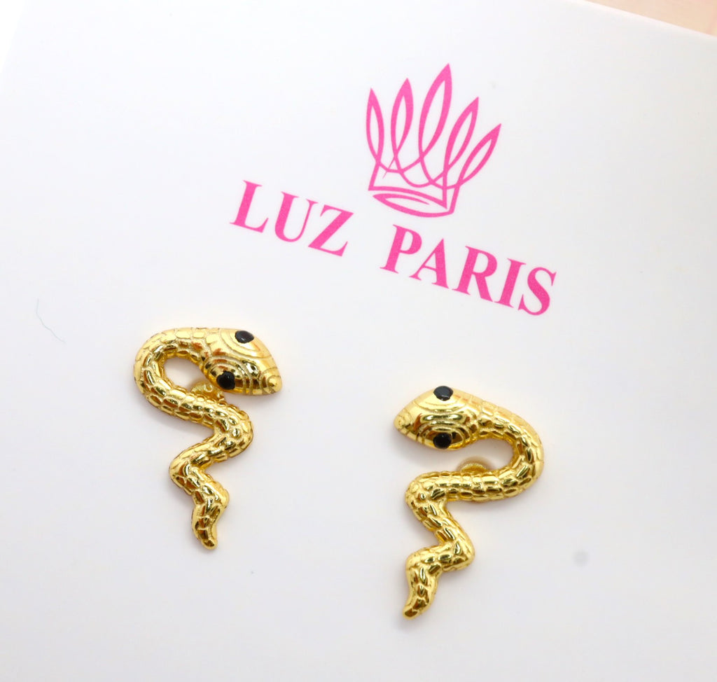 Pendientes Plata 925mls baño Oro 18 Kilates Serpiente circonitas negro azabache | animales