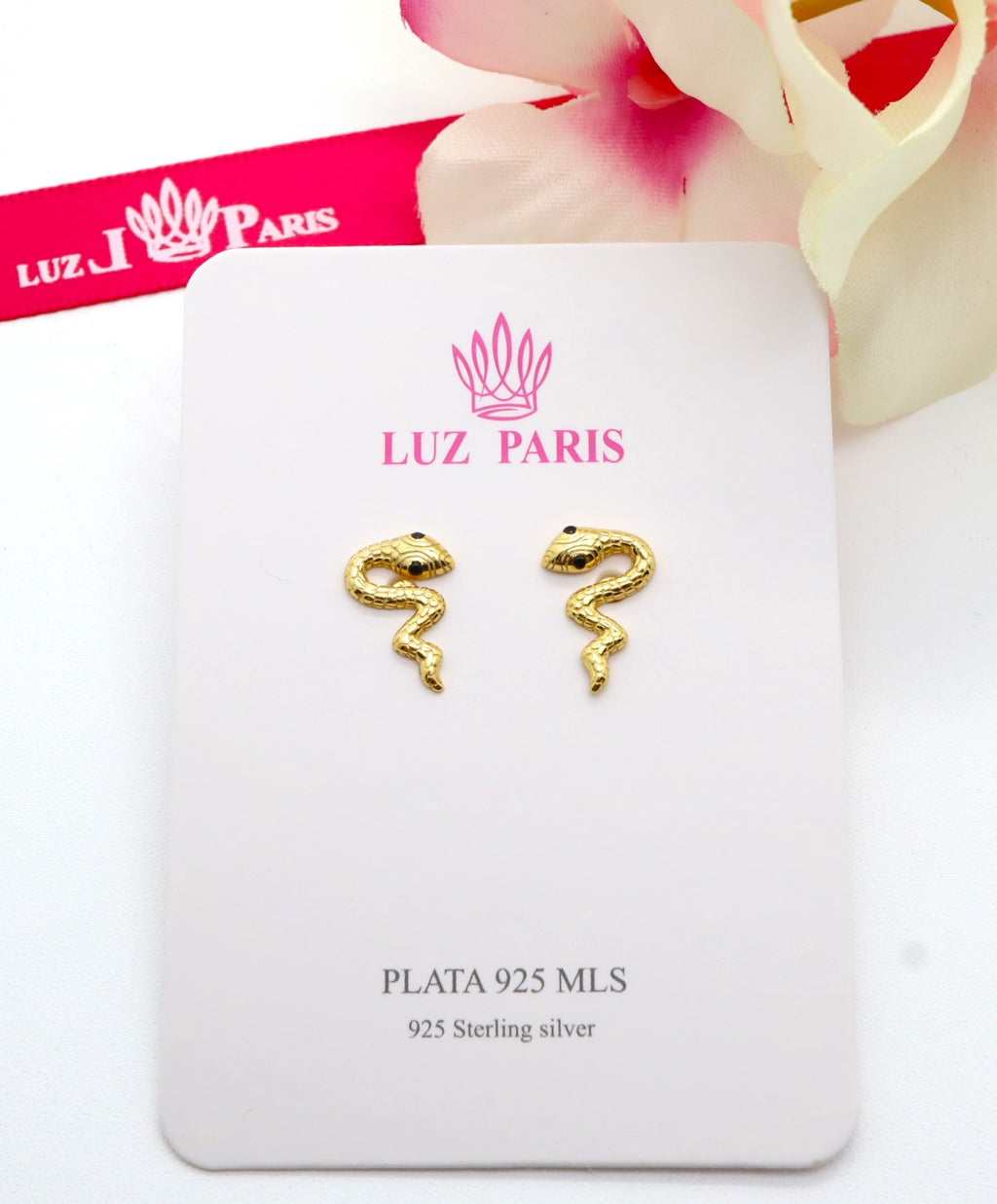 Pendientes Plata 925mls baño Oro 18 Kilates Serpiente circonitas negro azabache | animales