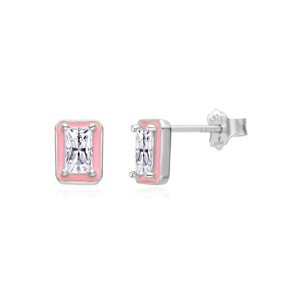 Pendientes Plata 925mls Circonita blanca borde lacado rosa