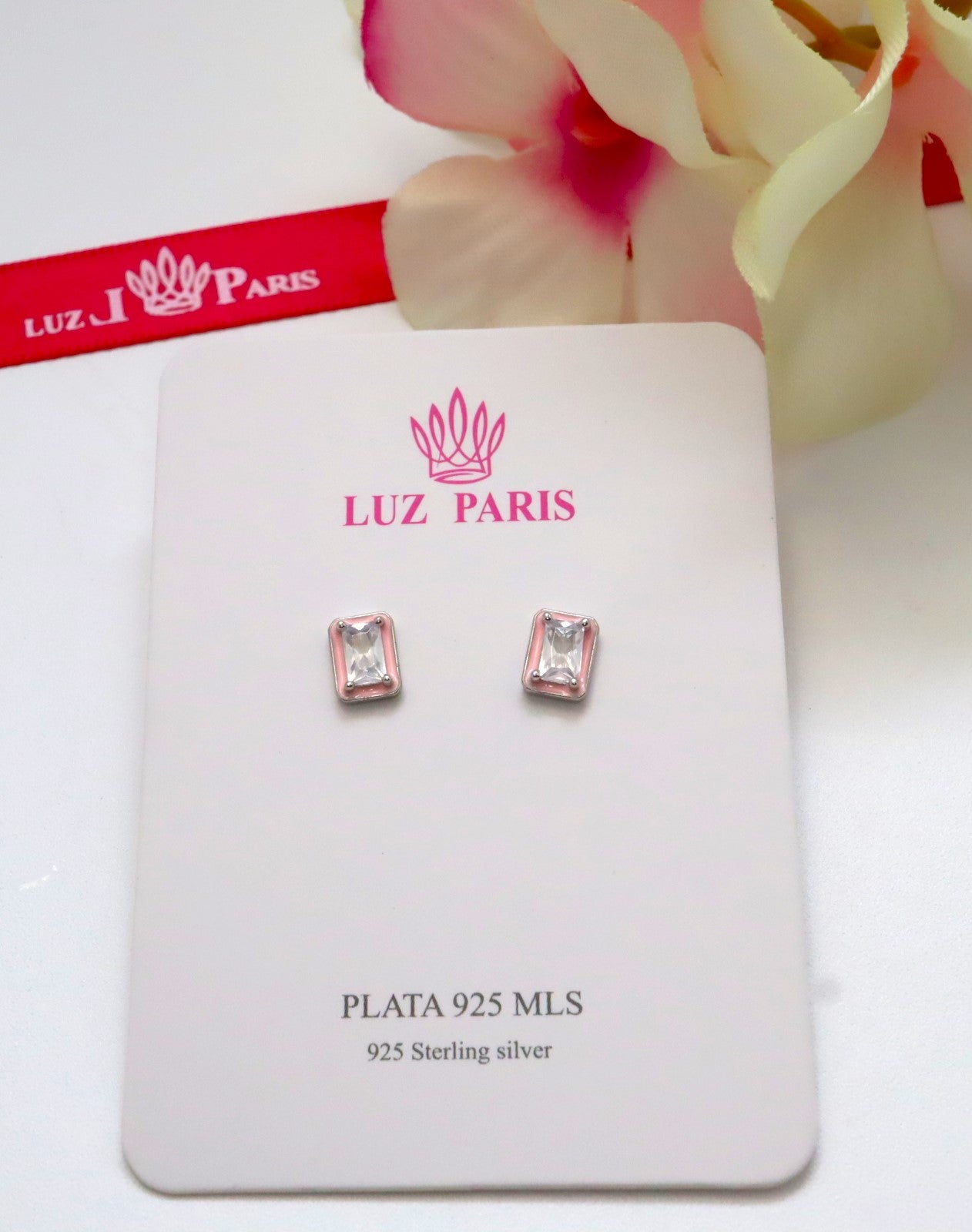Pendientes Plata 925mls Circonita blanca borde lacado rosa