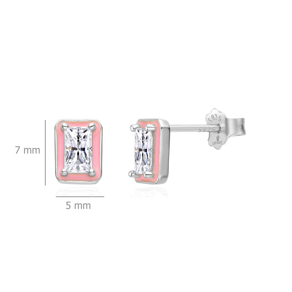 Pendientes Plata 925mls Circonita blanca borde lacado rosa
