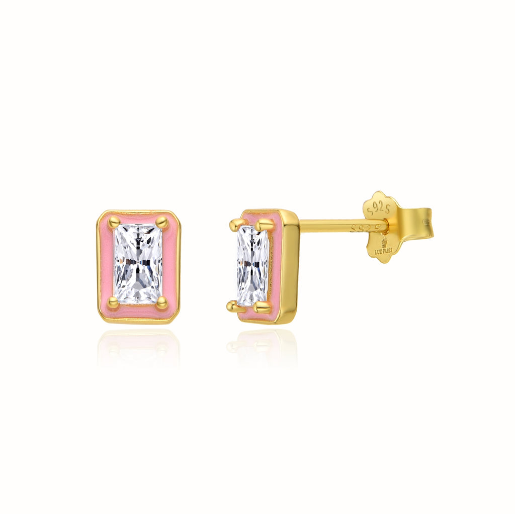 Pendientes Plata 925mls baño Oro 18 kilates Circonita blanca borde lacado rosa