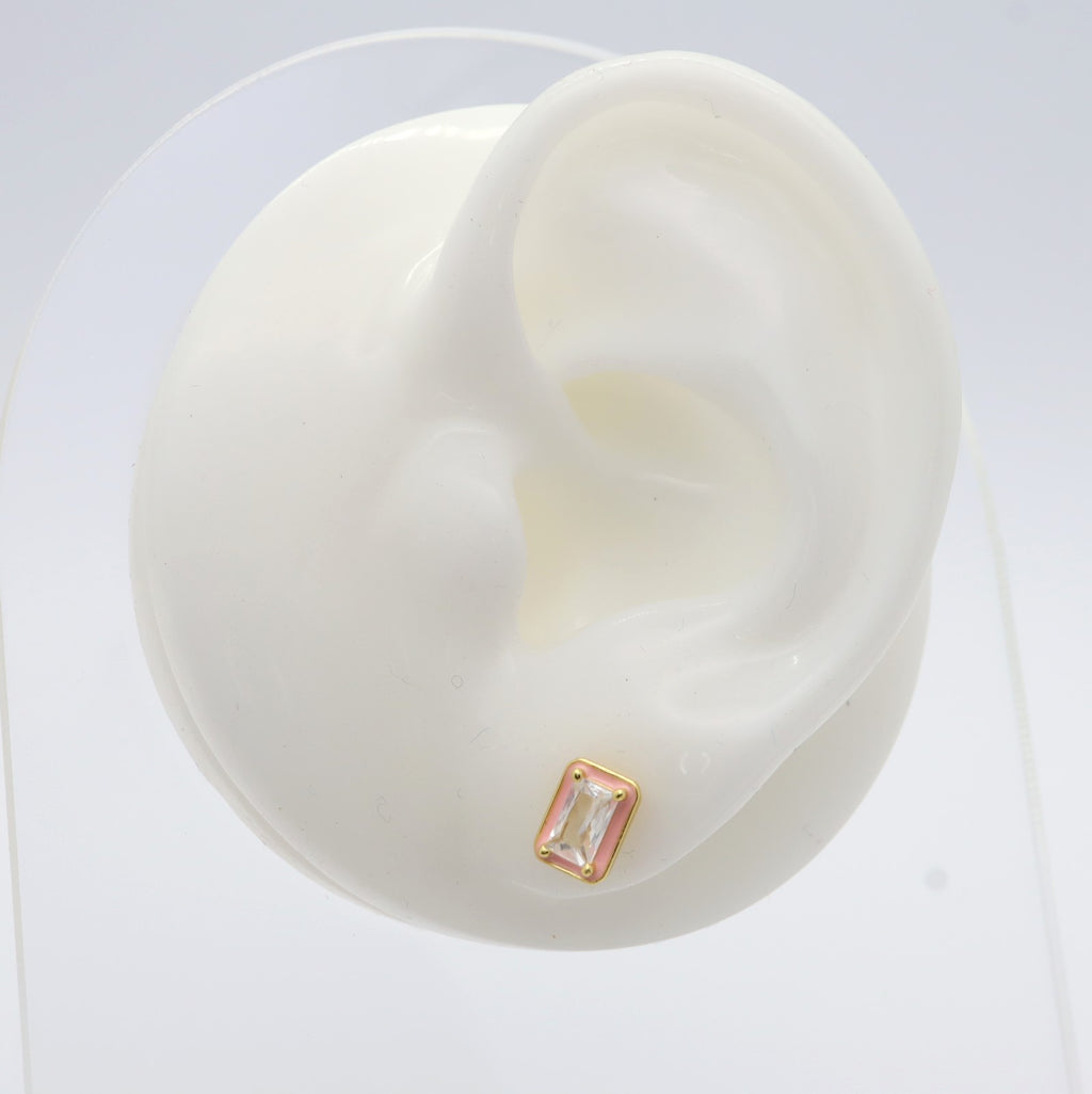 Pendientes Plata 925mls baño Oro 18 kilates Circonita blanca borde lacado rosa