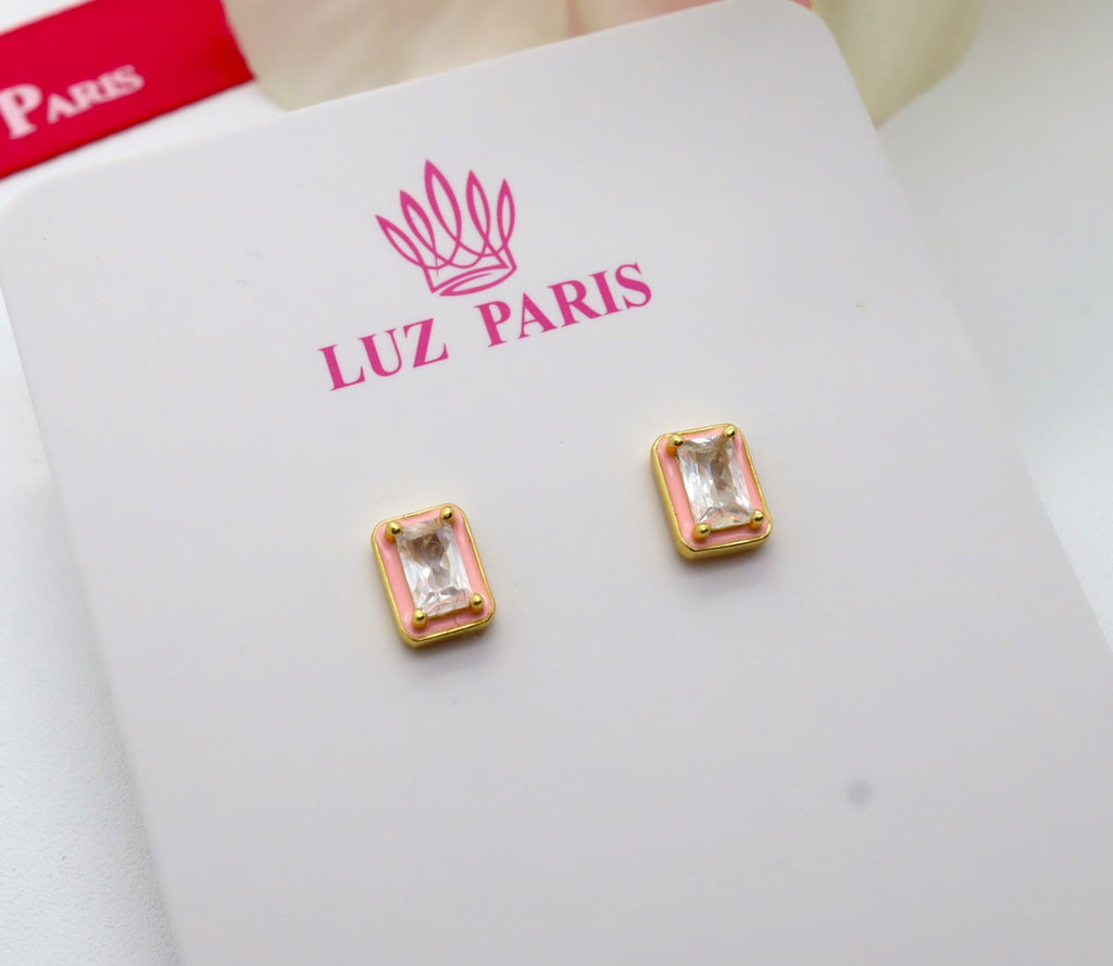 Pendientes Plata 925mls baño Oro 18 kilates Circonita blanca borde lacado rosa